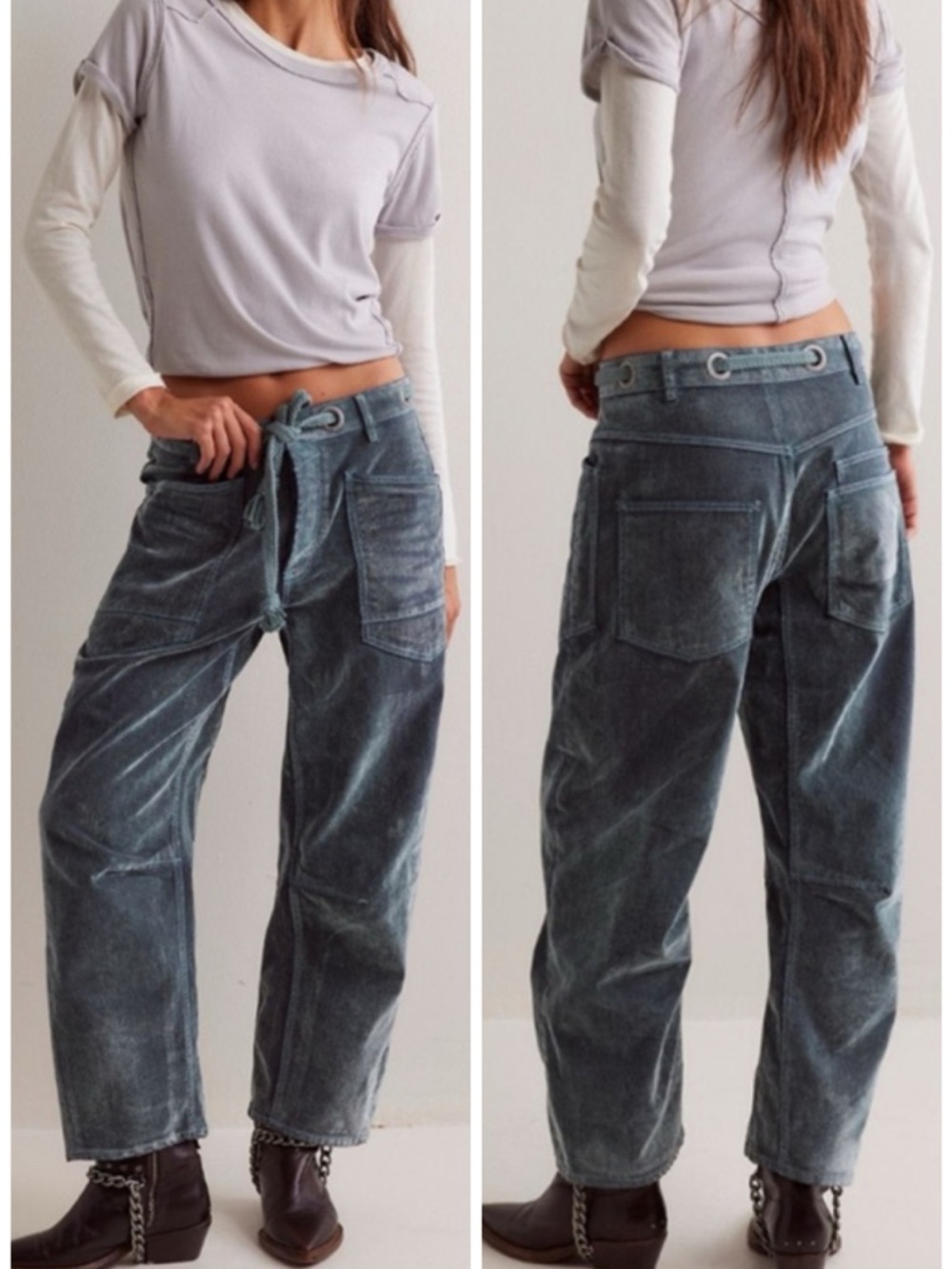 Free People We The Free Moxie Flocked Pull-On
Barrel Jeans mountain green SZ 30